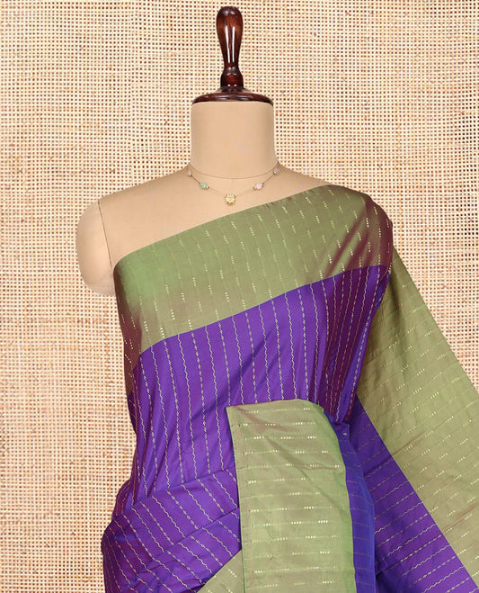 Violet Aarani Gift Saree, Highlighted with Zig-Zag Stripes on Its Body, Complemented by a Contrast Striped Border, Subtle Striped Pallu, and Paired with a Matching Blouse