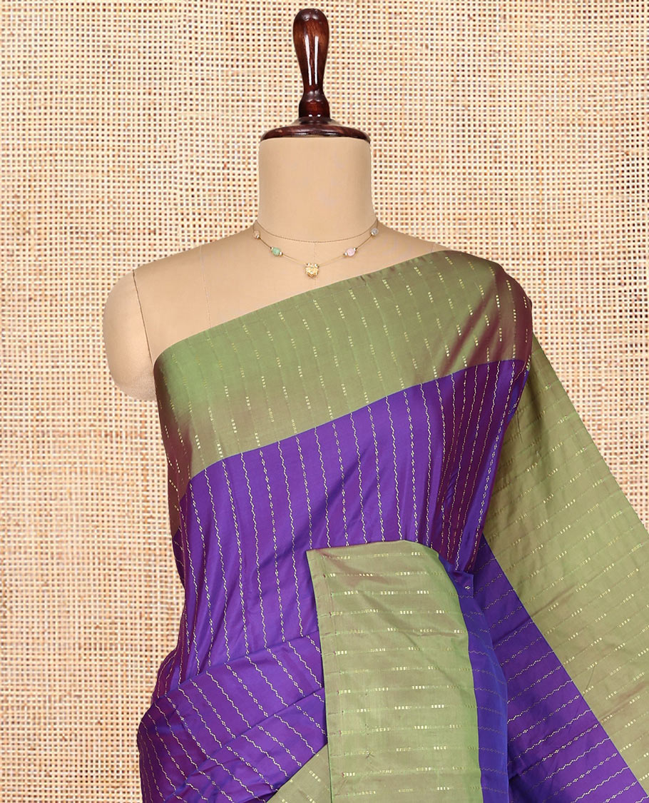 Violet Aarani Gift Saree, Highlighted with Zig-Zag Stripes on Its Body, Complemented by a Contrast Striped Border, Subtle Striped Pallu, and Paired with a Matching Blouse