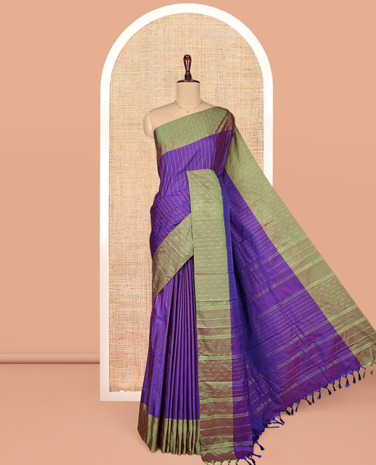 Violet Aarani Gift Saree, Highlighted with Zig-Zag Stripes on Its Body, Complemented by a Contrast Striped Border, Subtle Striped Pallu, and Paired with a Matching Blouse