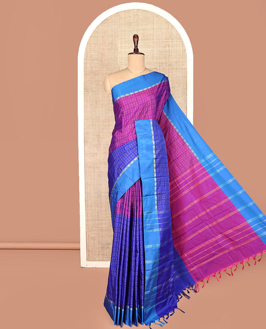Blue and Purple Aarani Gift Saree, Bedecked with Square Buttas on Its Body, Complemented by a Contrast Border, a Pallu of Stripes, and Paired with a Contrast Blouse