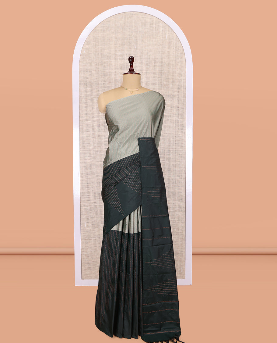 Borderless Grey-Green Arani Saree, Crafted with Zari Stripes, a Self-Pallu, and a Matching Blouse