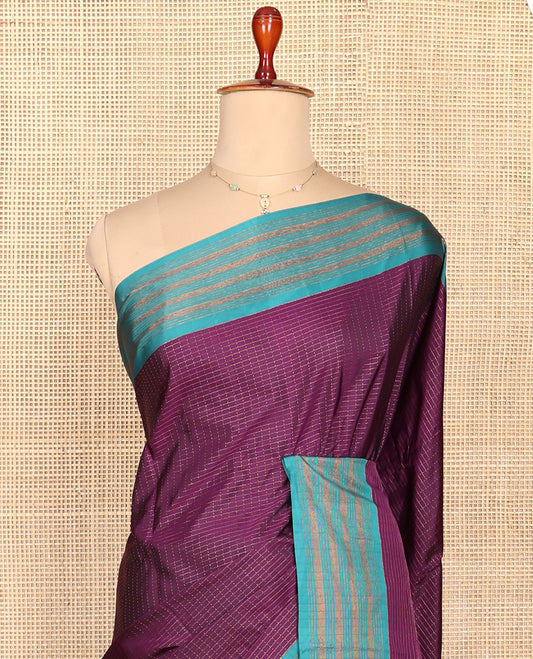 Purple Aarani Silk Saree, Enriched with Micro-Checked Design All Over Its Body, Complemented by a Contrast Zari Striped Border, Pallu of Stripes, and Paired with a Matching Blouse