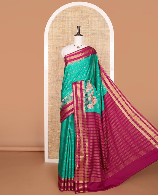 Green checked, floral embroidery mysore silk saree with contrast floral design border & striped pallu