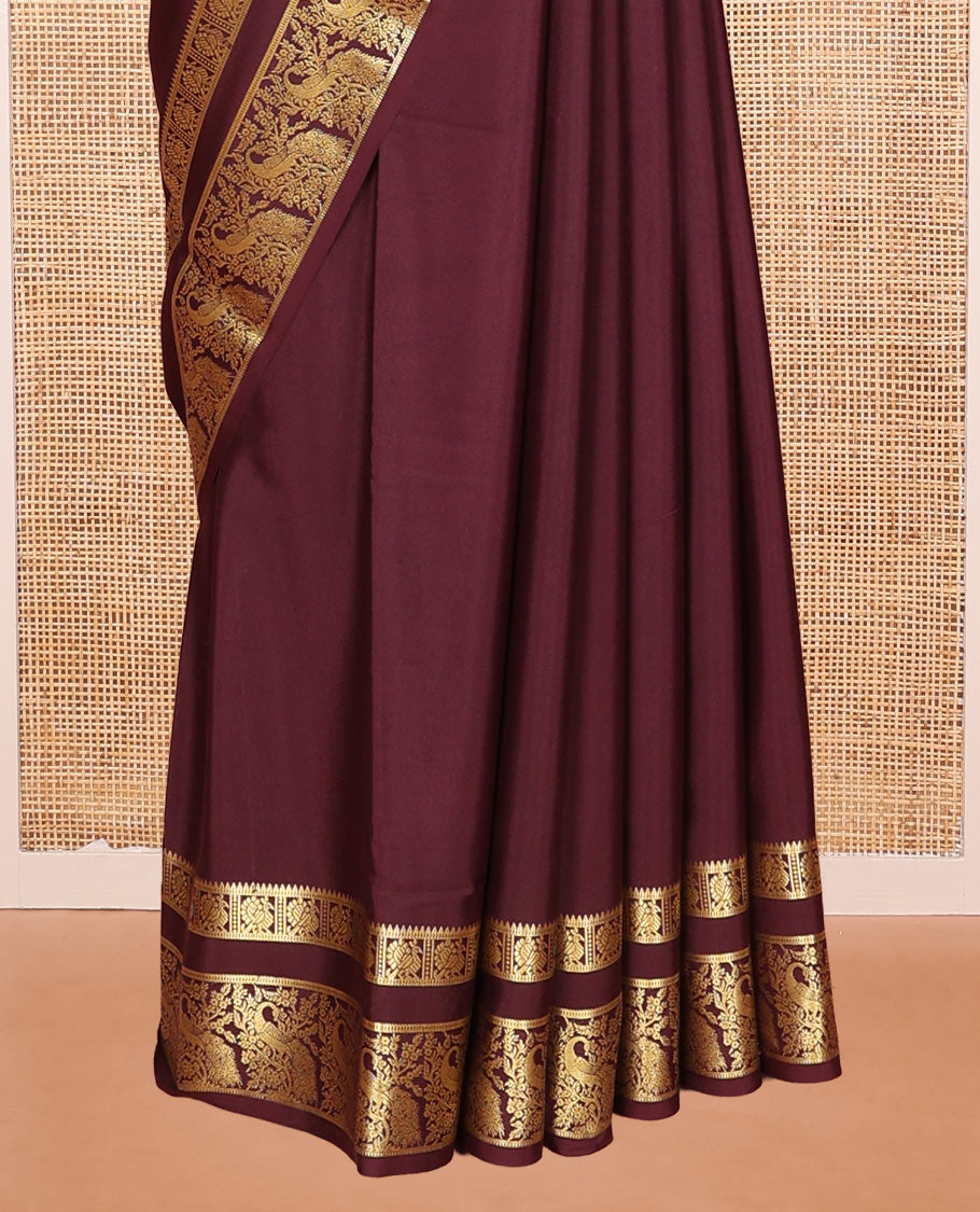 Maroon Plain Mysore Silk Saree, Richly Detailed with Zari Border of Peacock Designs, Sparsely Woven Pallu of Stripes, and Paired with a Matching Blouse