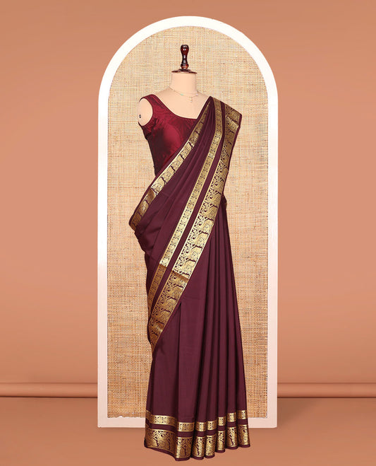 Maroon Plain Mysore Silk Saree, Richly Detailed with Zari Border of Peacock Designs, Sparsely Woven Pallu of Stripes, and Paired with a Matching Blouse