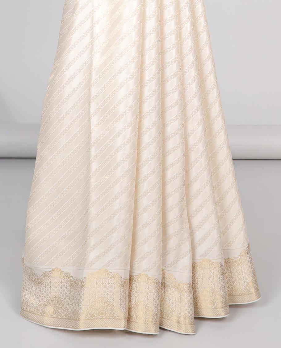 Cream striped mysore silk saree with self zari checked border & intricate zari design pallu