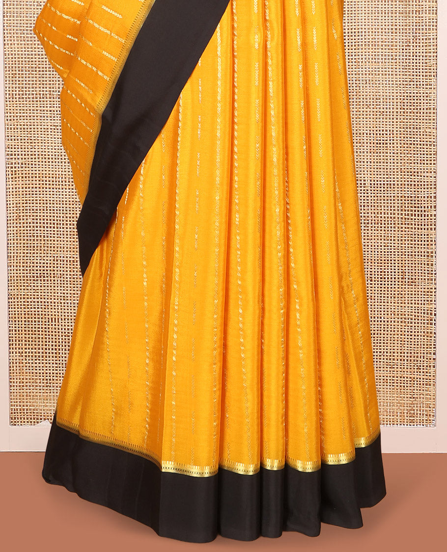 Yellow Mysore Silk Saree, Gracefully Embellished with Zari Stripes, Complemented by a Contrast Zari Border, Traditional Design Pallu, and a Contrast Blouse
