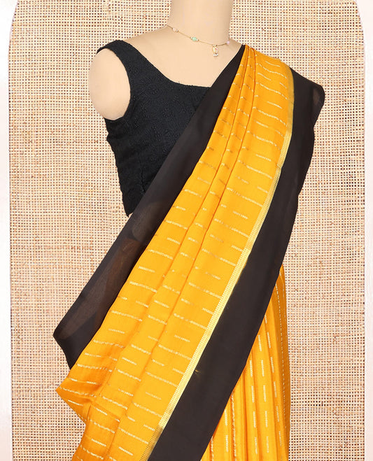 Yellow Mysore Silk Saree, Gracefully Embellished with Zari Stripes, Complemented by a Contrast Zari Border, Traditional Design Pallu, and a Contrast Blouse