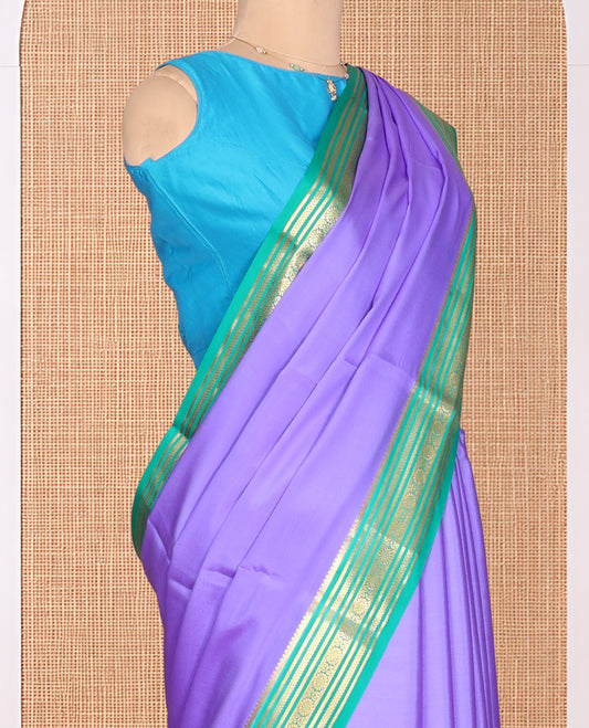 Lavender Plain Mysore Silk Saree, Complemented by a Contrast Traditional Zari Border, Zari Striped Pallu, and a Contrast Blouse