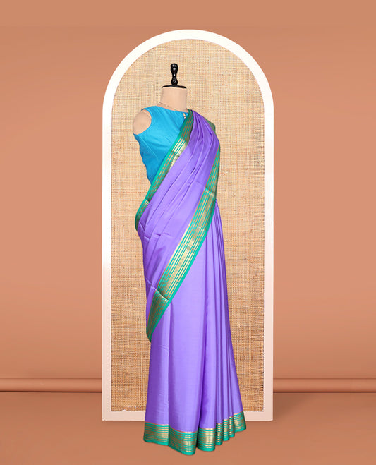 Lavender Plain Mysore Silk Saree, Complemented by a Contrast Traditional Zari Border, Zari Striped Pallu, and a Contrast Blouse