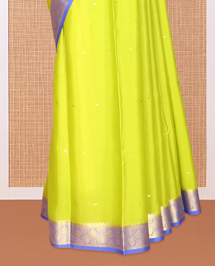 Green Zari Buttas Mysore Silk Saree, Complemented by a Contrast Traditional Zari Border, Zari Design Pallu, and a Contrast Blouse