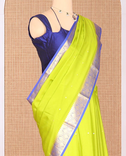 Green Zari Buttas Mysore Silk Saree, Complemented by a Contrast Traditional Zari Border, Zari Design Pallu, and a Contrast Blouse