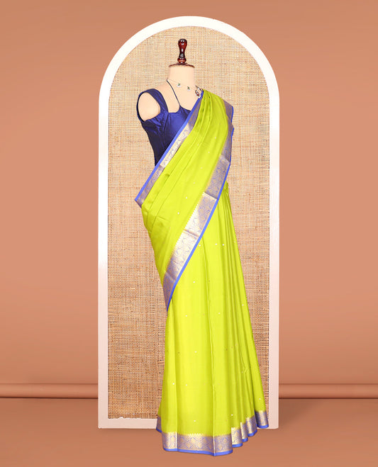 Green Zari Buttas Mysore Silk Saree, Complemented by a Contrast Traditional Zari Border, Zari Design Pallu, and a Contrast Blouse