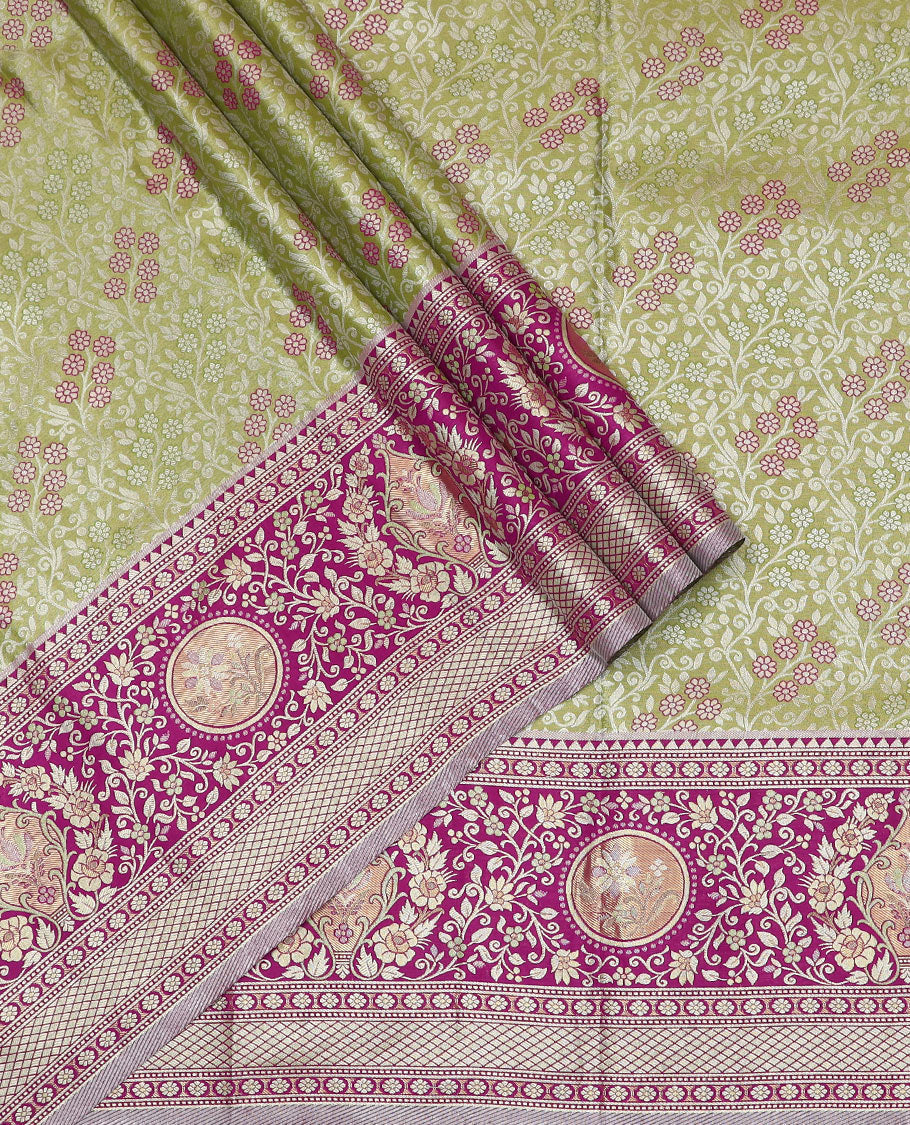 Green Art Silk Half-Saree Richly Detailed with Jacquard Designs on Its Skirt, Complemented by a Contrast Meenakari Border, Paired with a Contrast Jacquard Blouse, and Featuring a Dhavani Adorned with Paisley Motifs