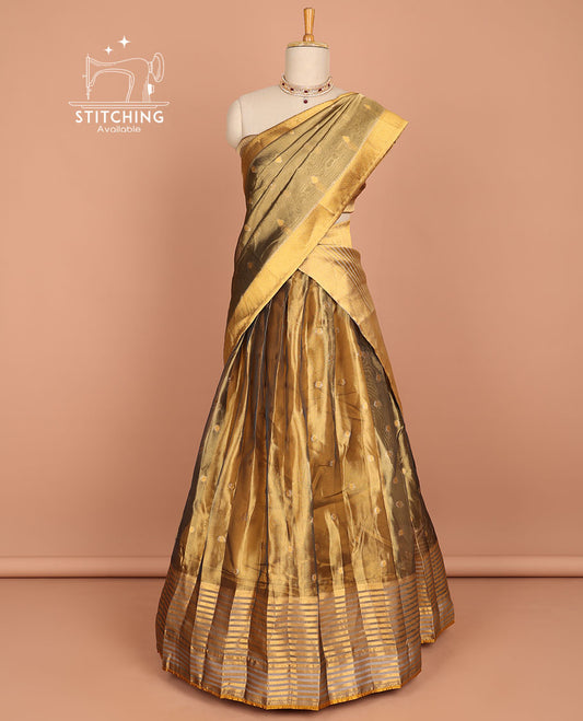 Brown buttas  half saree with contrast striped border,  zari design blouse & butta , striped zari design dhavani