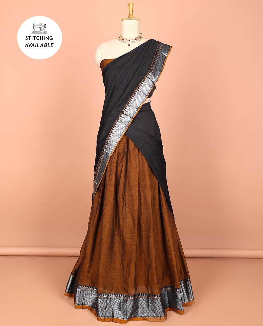 Green cotton half saree with contrast zari border, plain blouse & plain with zari border dhavani
