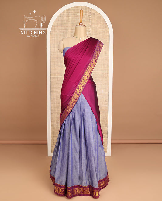 Lavender zari design cotton half saree with zari design blouse & elephant zari design border dhavani