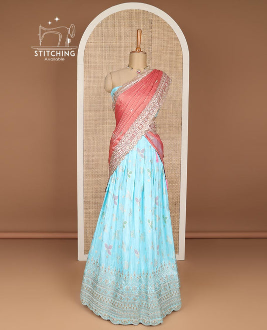 Baby blue floral buttas embroidery tissue half saree with self embroidery border, zari design blouse & floral embroidery dhavani