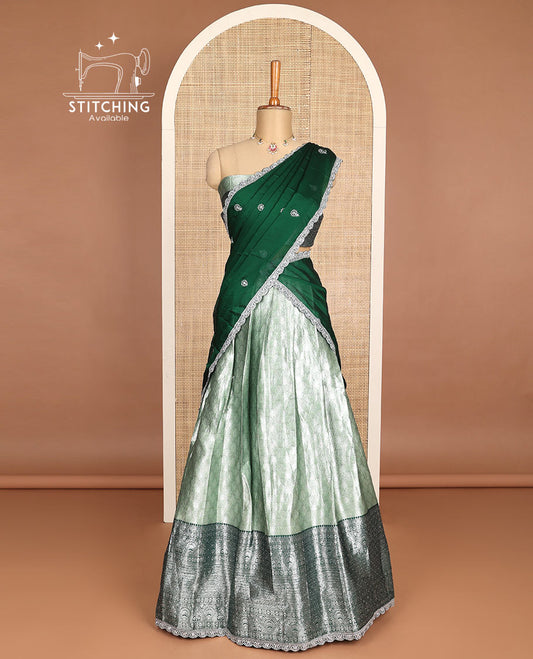 Mint green floral design half saree with contrast intricate zari border, zari design blouse & floral embroidery scallop border dhavani