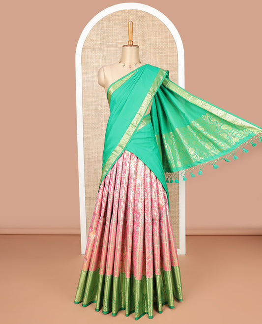 Pink floral design art silk half saree with contrast intricate zari design border, zari design blouse & floral design dhavani