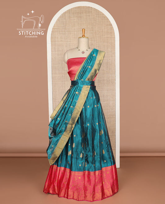 Blue buttas tissue half saree with contrast zari design border, zari design blouse & floral design dhavani
