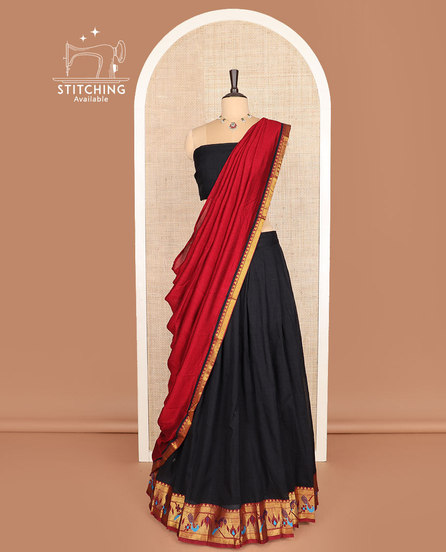 Black cotton half-saree, plain with contrast paithani bordered skirt, matching blouse, and a contrast zari border dhavani