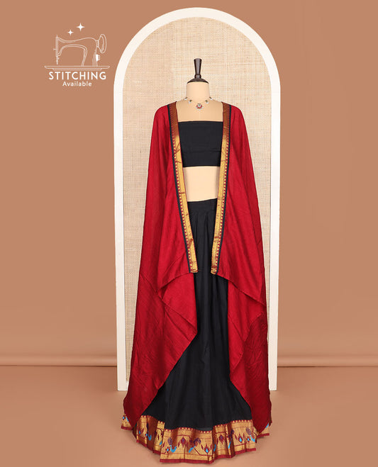 Black cotton half-saree, plain with contrast paithani bordered skirt, matching blouse, and a contrast zari border dhavani