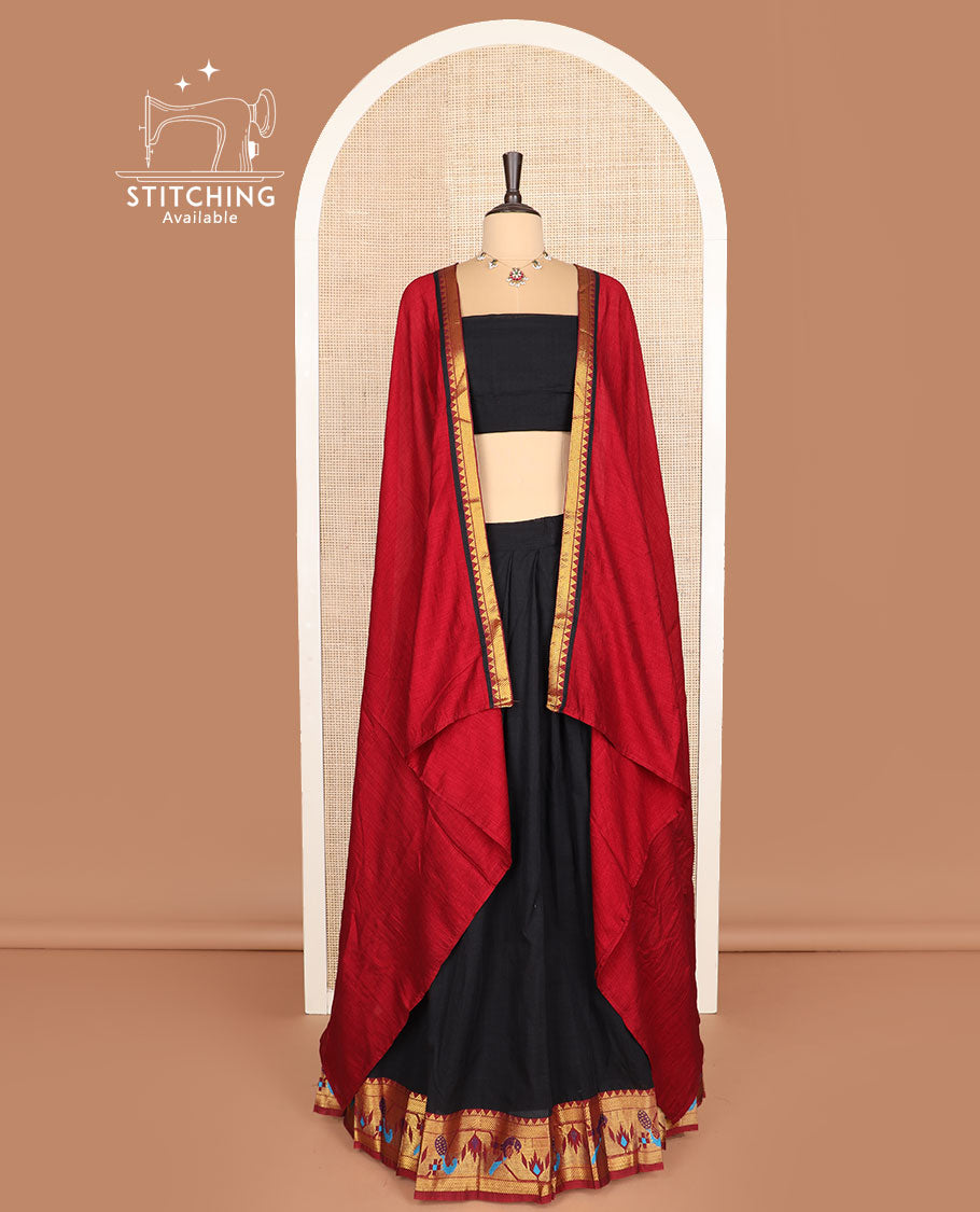 Black cotton half-saree, plain with contrast paithani bordered skirt, matching blouse, and a contrast zari border dhavani
