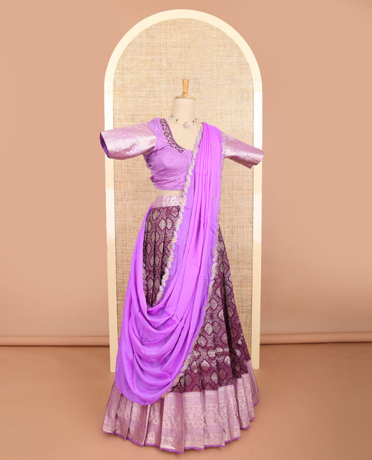 Violet floral jacqaurd half saree with contrast zari design border, floral embroidered blouse & floral embroidery dhavani