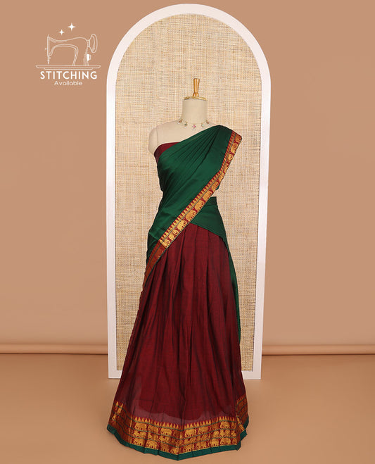 Red cotton half saree with contrast intricate zari design border, zari design blouse & plain, zari design border dhavani