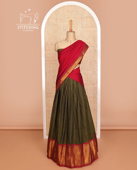 Olive green cotton half saree with contrast traditional zari design border, zari design blouse & plain, zari design border dhavani