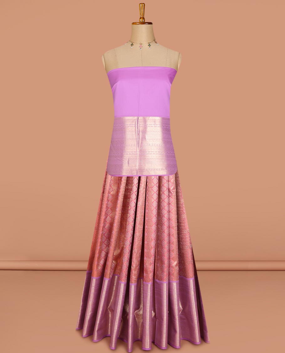 Pink jacquard pure-mix halfsaree,contrast zari design dhavani & border of muthu,kuyil kann,neli kathir,kamalam leaf,diamond