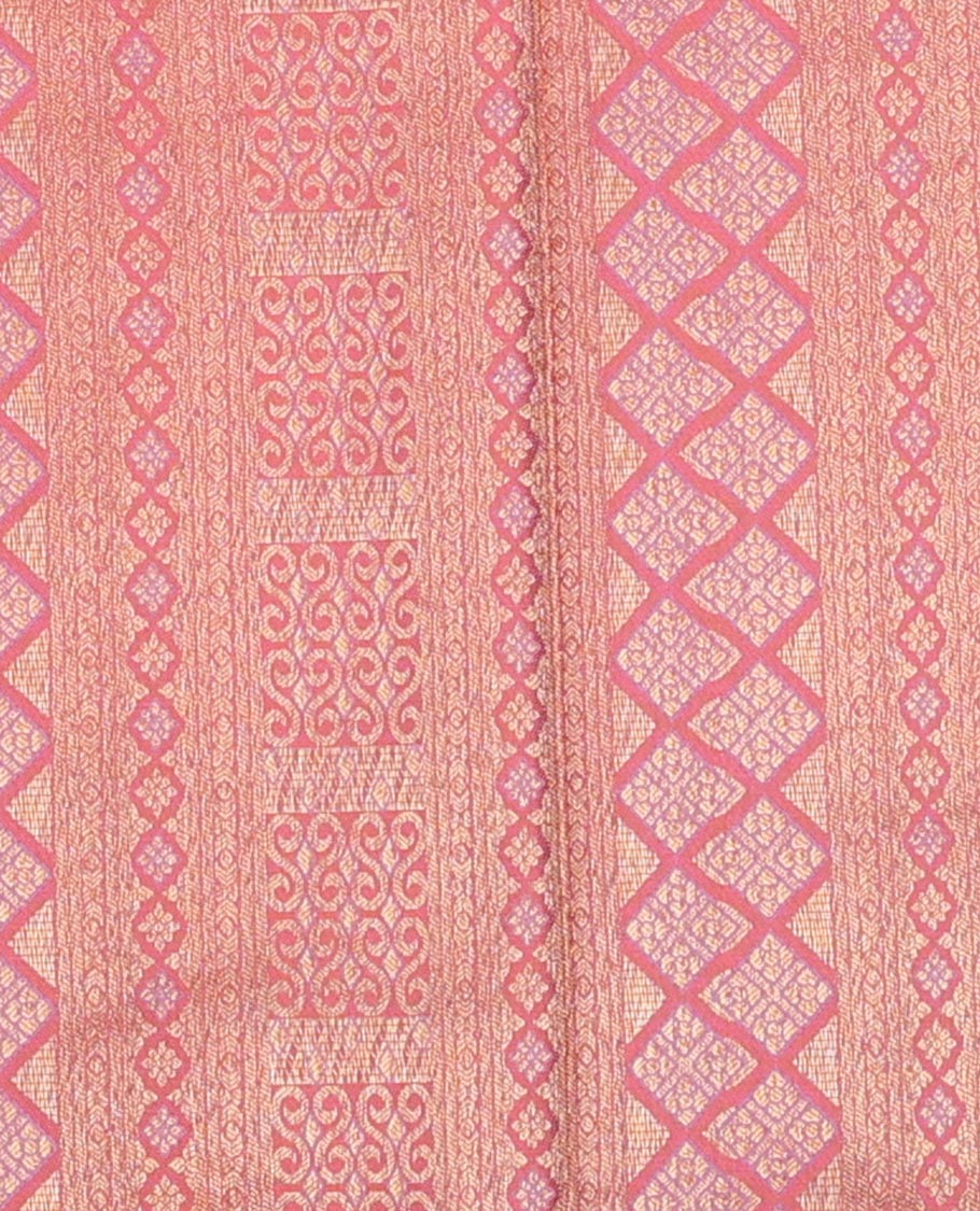 Pink jacquard pure-mix halfsaree,contrast zari design dhavani & border of muthu,kuyil kann,neli kathir,kamalam leaf,diamond