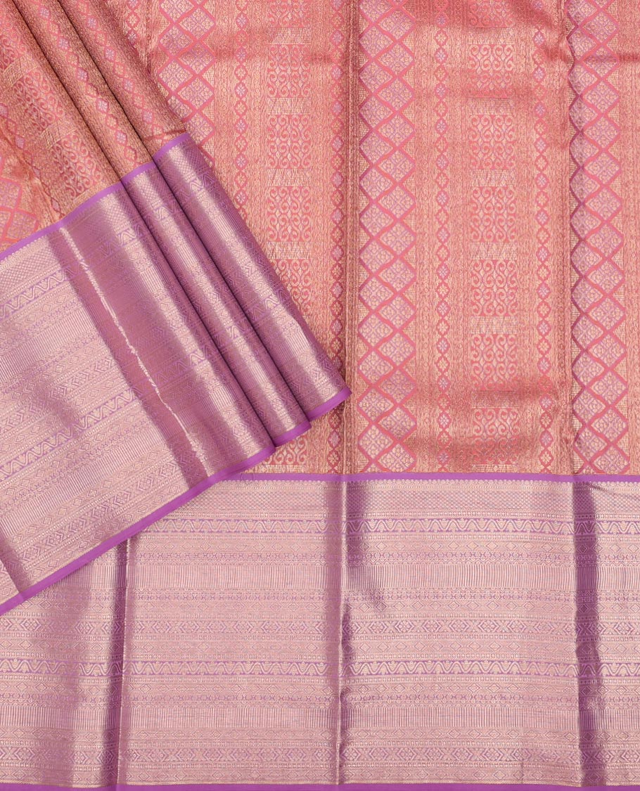 Pink jacquard pure-mix halfsaree,contrast zari design dhavani & border of muthu,kuyil kann,neli kathir,kamalam leaf,diamond