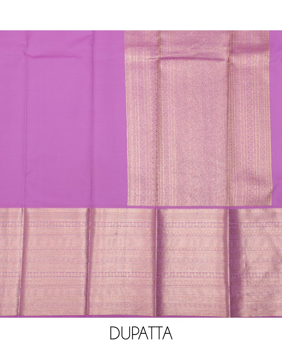 Pink jacquard pure-mix halfsaree,contrast zari design dhavani & border of muthu,kuyil kann,neli kathir,kamalam leaf,diamond