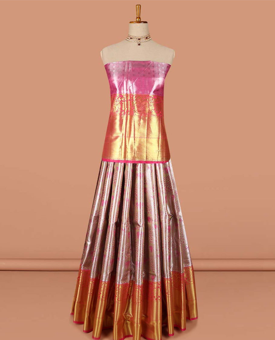 Sandal floral vine design art-silk half saree, contrast traditional zari border,zari design blouse & striped geometric dhavani