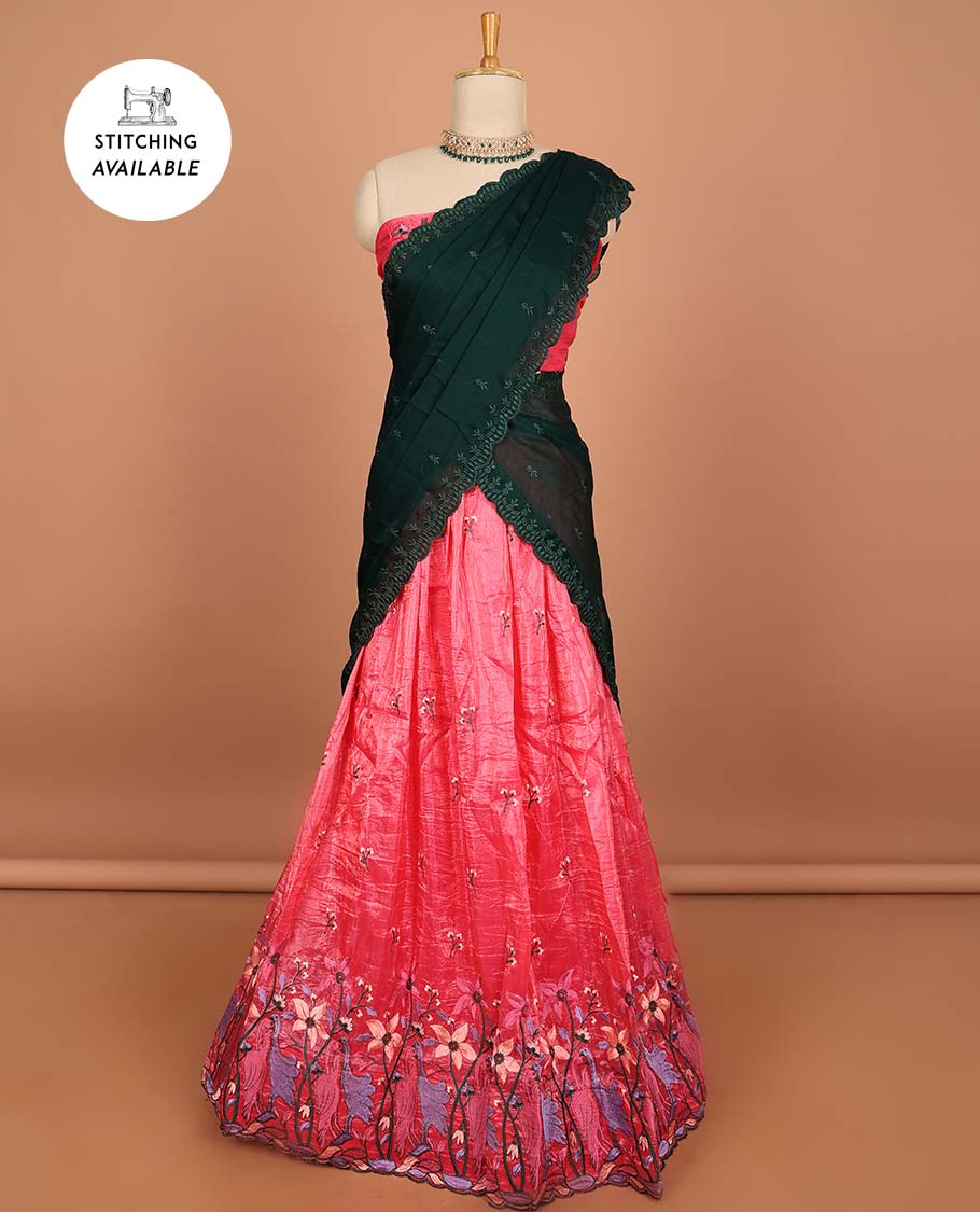 Pink floral embroidery half saree with self-border , embroidery blouse & floral design scallop border