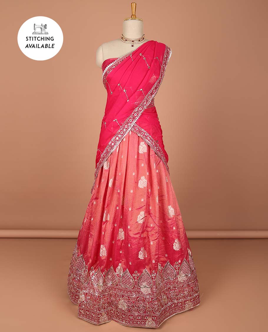 Brown floral stone embroidered half saree contrast stone embroidered border , zari design blouse & intricate stone embroidery dhavani