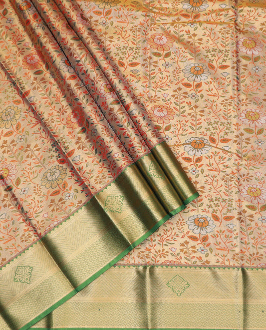 Sandal art silk pavadai material set, floral meenakari jacquard pavadai, contrast green blouse & traditional zari border