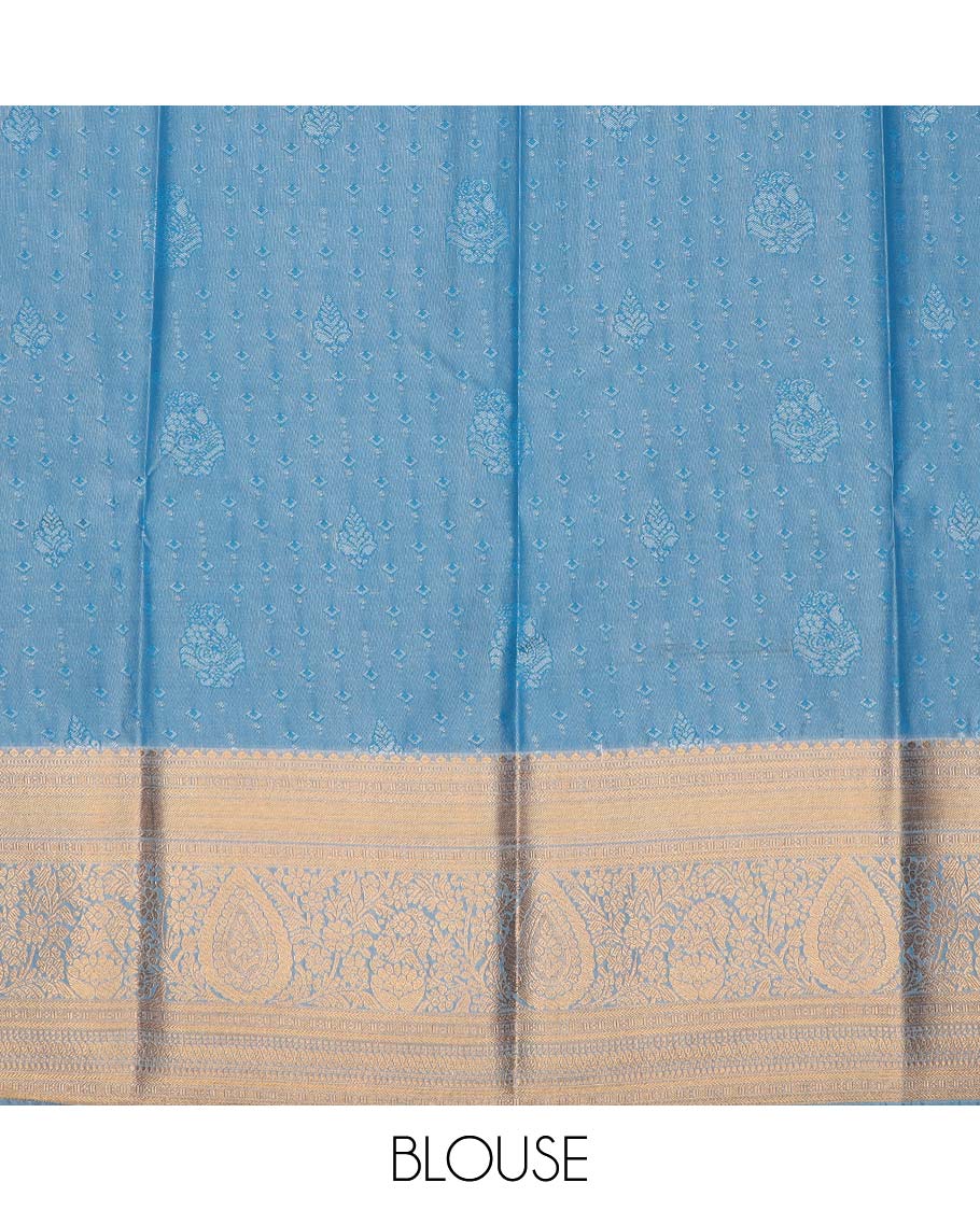 Blue art silk pavadai material, zari buttas with embossed contrast traditional zari border skirt, and contrast blouse