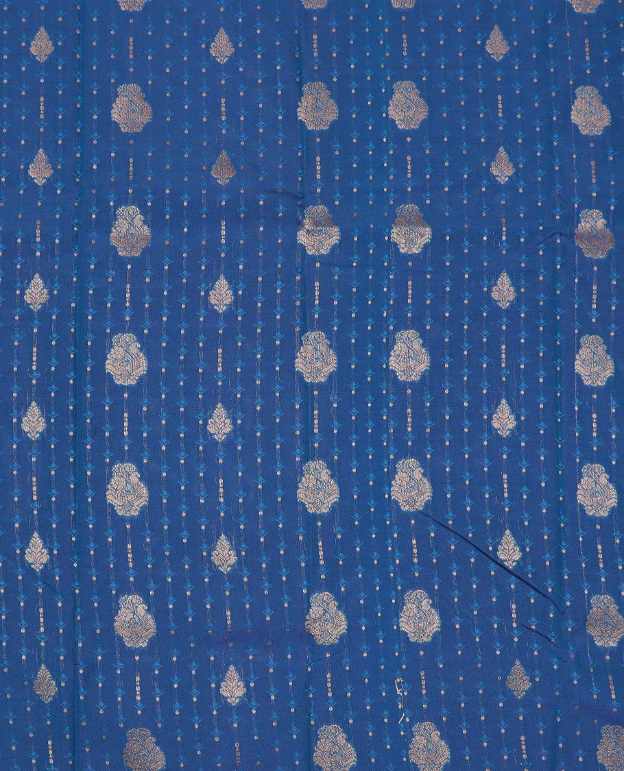 Blue art silk pavadai material, zari buttas with embossed contrast traditional zari border skirt, and contrast blouse