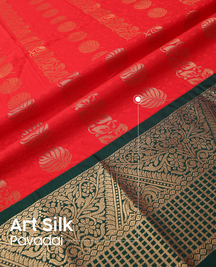 Red art silk pavadai material, embossed & zari buttas pavadai with contrast traditional zari design border & blouse of embossed & zari design