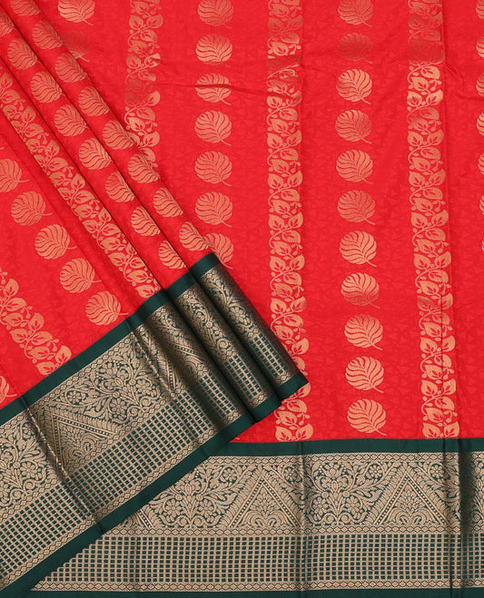 Red art silk pavadai material, embossed & zari buttas pavadai with contrast traditional zari design border & blouse of embossed & zari design