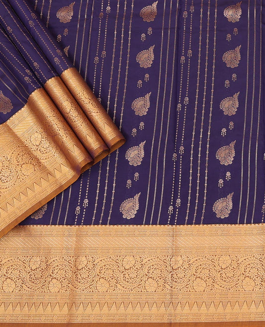 Navy Blue Art Silk Pavadai Material Set, Bedecked with Zari Buttas Skirt, Complemented by a Contrast Traditional Zari Design Border, and Paired with a Contrast Blouse
