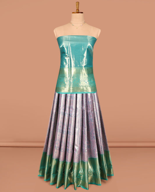 Grey Art Silk Pavadai Material Set, Richly Detailed with Jacquard on Its Skirt, Complemented by a Contrast Traditional Zari Designs Border, and Paired with a Contrast Jacquard Blouse
