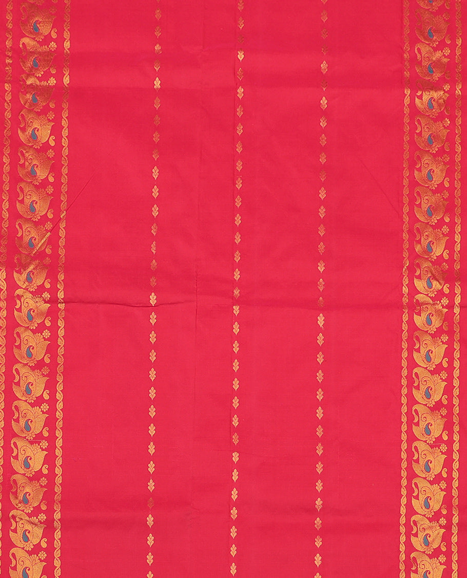 Red Art Silk Pavadai Material Set, Elevated with Zari Designs on Its Skirt, Complemented by a Contrast Paisley Zari Border, and a Matching Blouse