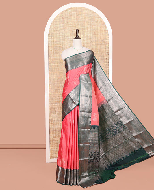 Pink Budget Silk Saree, Woven with Zari Buttas on Its Body, Complemented by a Contrast Traditional Zari Design Border, Intricately Designed Pallu, and Paired with a Contrast Blouse