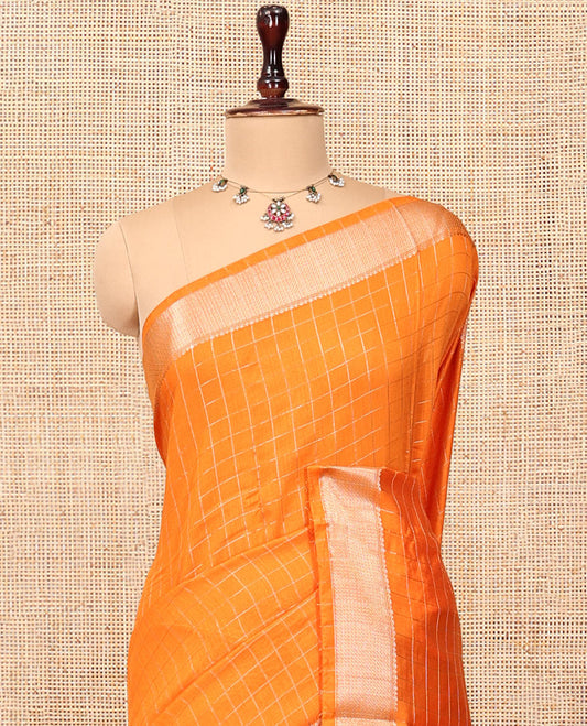 Orange Assam Silk Saree, Subtly Enriched with Zari Checks, Highlighted by a Traditional Zari Border, Striped Pallu, and a Matching Blouse