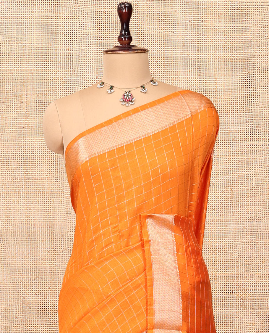 Orange Assam Silk Saree, Subtly Enriched with Zari Checks, Highlighted by a Traditional Zari Border, Striped Pallu, and a Matching Blouse