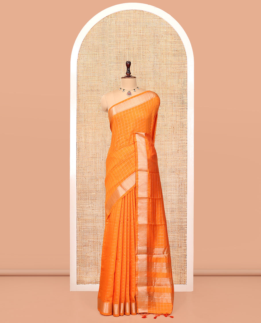Orange Assam Silk Saree, Subtly Enriched with Zari Checks, Highlighted by a Traditional Zari Border, Striped Pallu, and a Matching Blouse